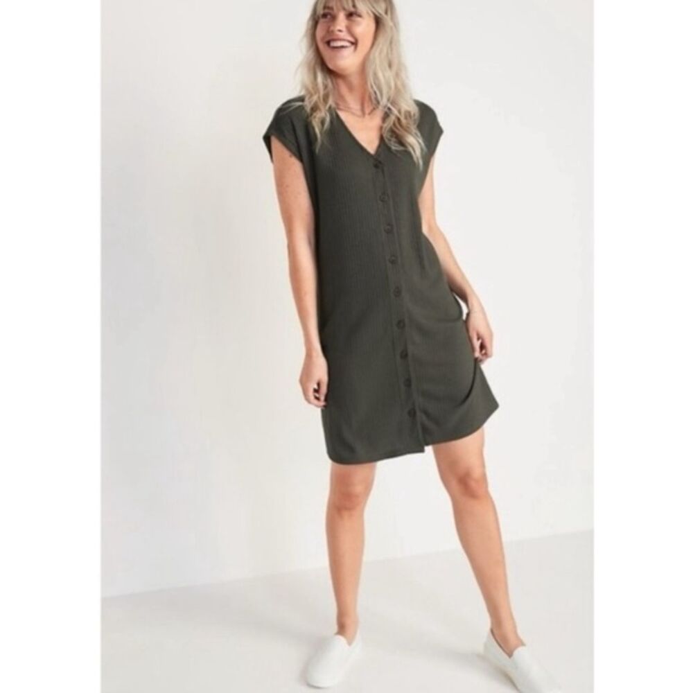 Old Navy Shift Dress XS Women's Green Vneck Rib Knit Short Sleeve Button Down